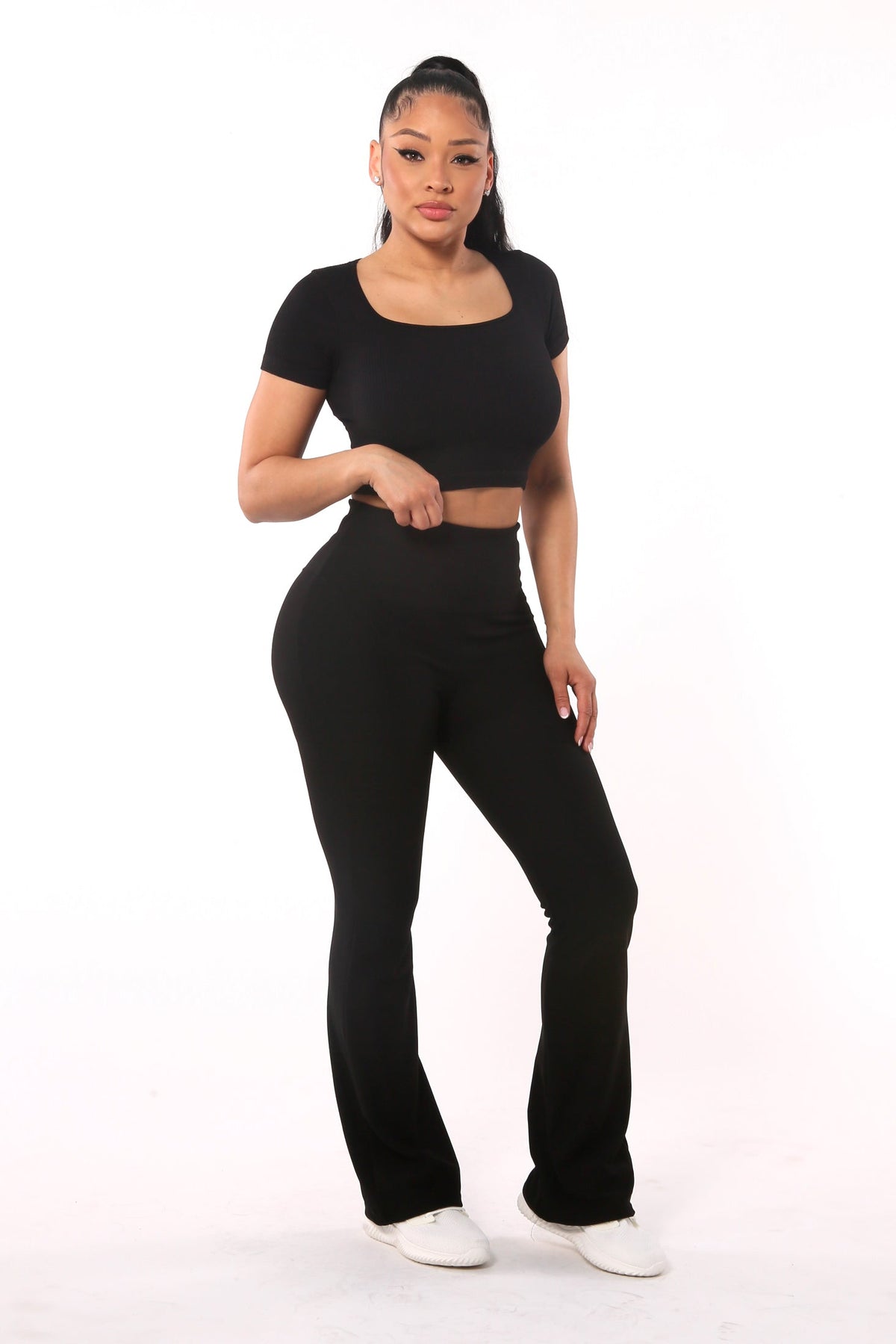 Wholesale Womens High Waist Rib Knit Tummy Control Flare Pants - Black - S&G Apparel