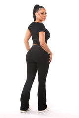 Wholesale Womens High Waist Rib Knit Tummy Control Flare Pants - Black - S&G Apparel