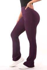 Wholesale Womens High Waist Rib Knit Tummy Control Flare Pants - Purple - S&G Apparel