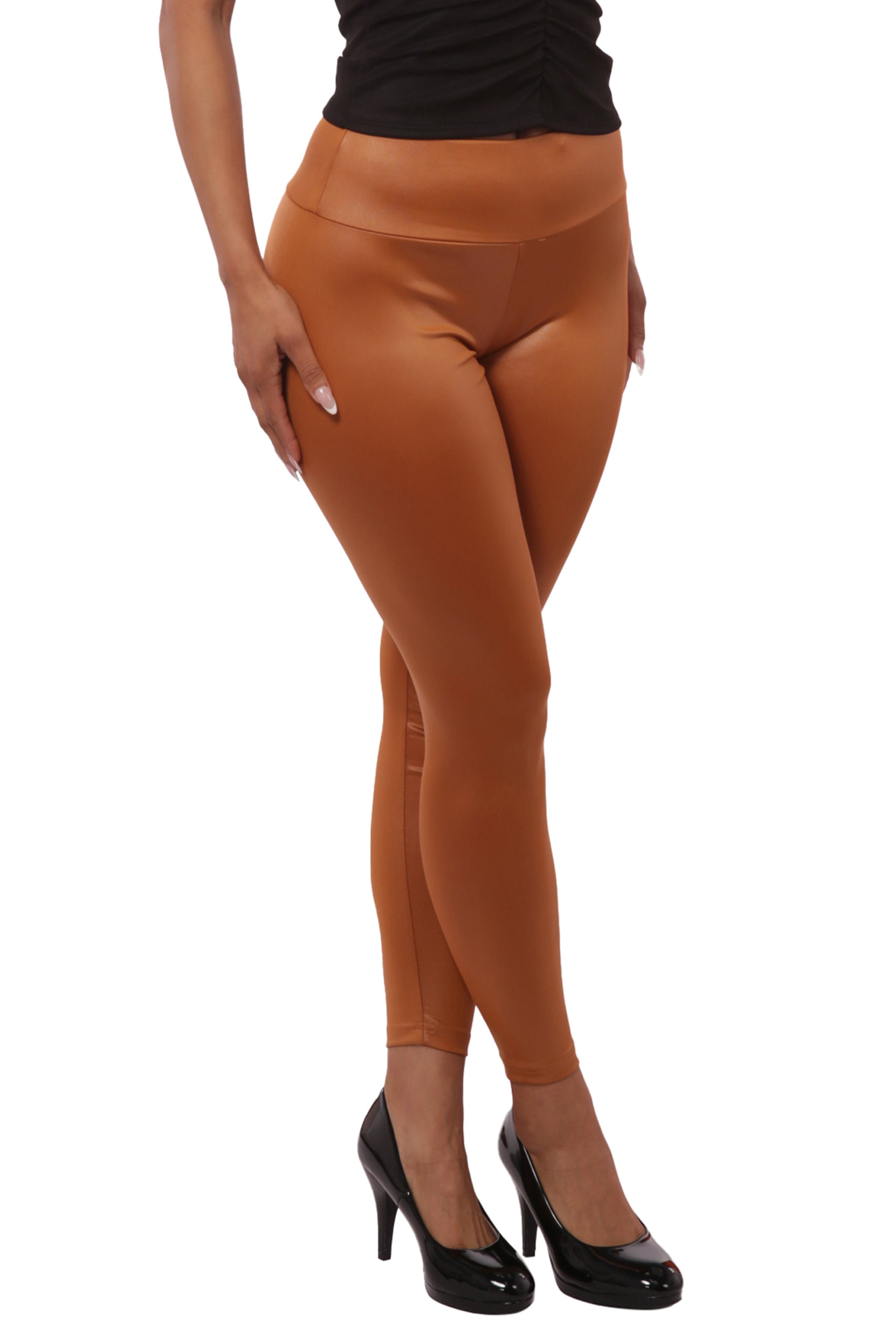 Wholesale Womens High Waist Scrunch Butt PU Faux Leather Leggings - Camel  Brown