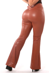 Wholesale Womens High Waist Sculpting PU Faux Leather Flare Pants - Camel - S&G Apparel