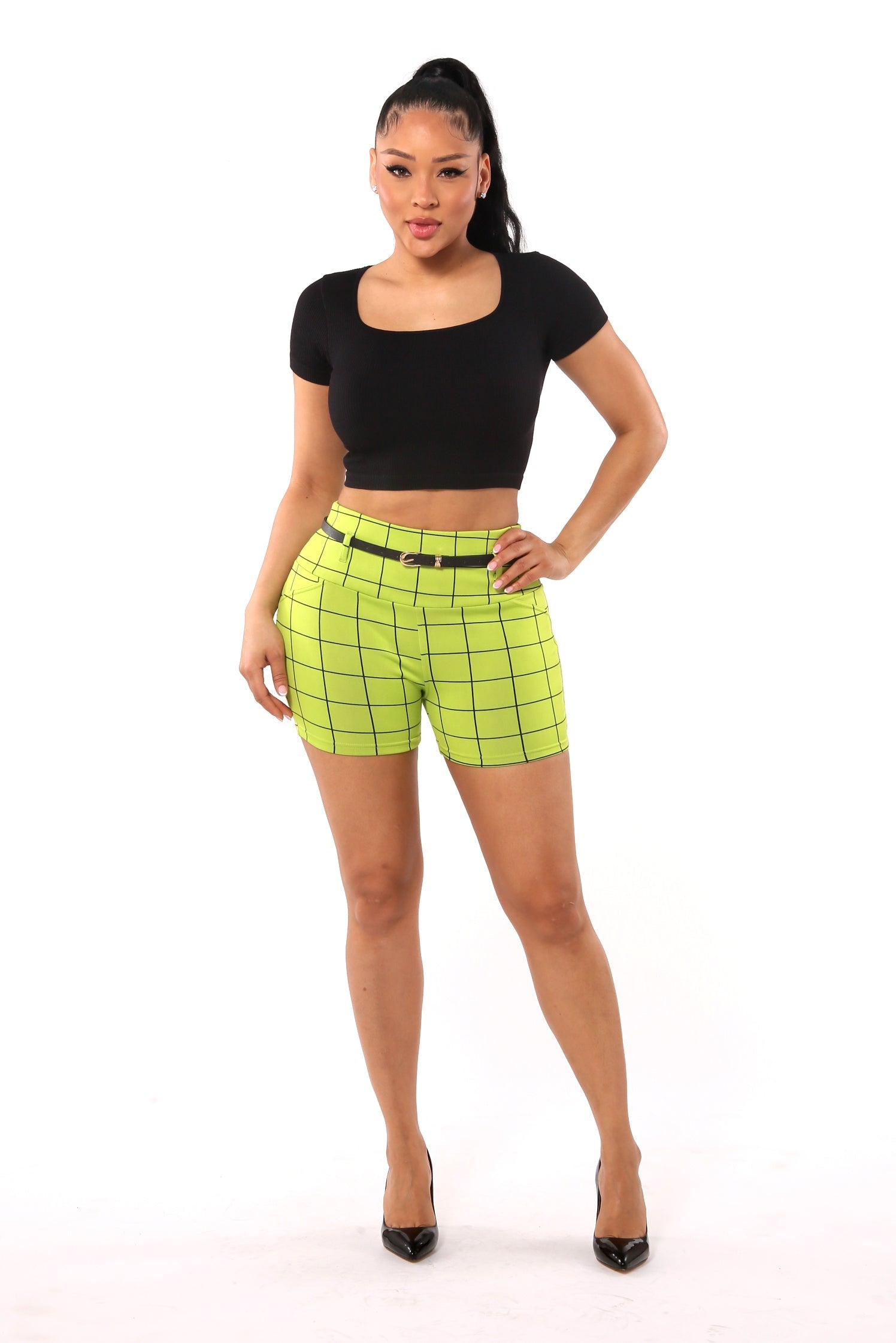 Wholesale Womens High Waist Sculpting Shorts With Faux Leather Belt - Green, Black Plaid - S&G Apparel