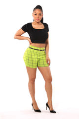 Wholesale Womens High Waist Sculpting Shorts With Faux Leather Belt - Green, Black Plaid - S&G Apparel