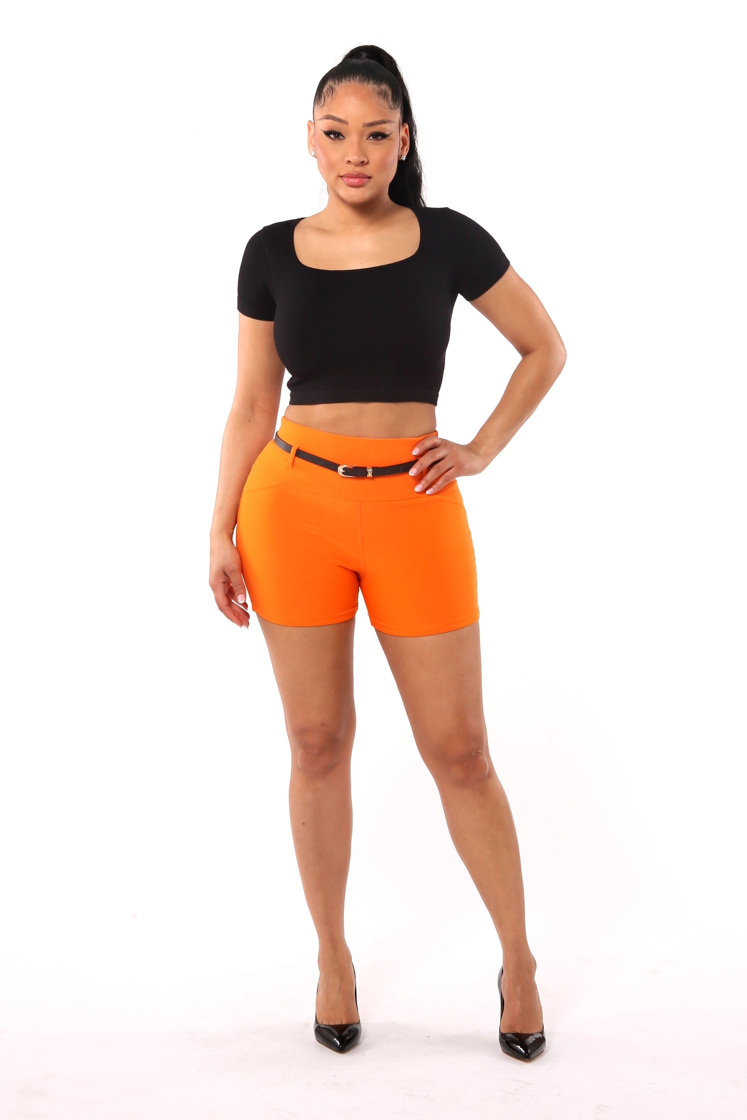 Wholesale Womens High Waist Sculpting Shorts With Faux Leather Belt - Orange - S&G Apparel