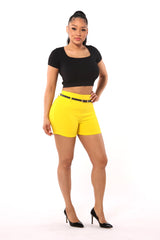 Wholesale Womens High Waist Sculpting Shorts With Faux Leather Belt - Yellow - S&G Apparel