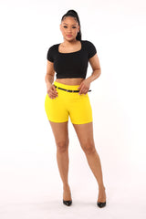 Wholesale Womens High Waist Sculpting Shorts With Faux Leather Belt - Yellow - S&G Apparel