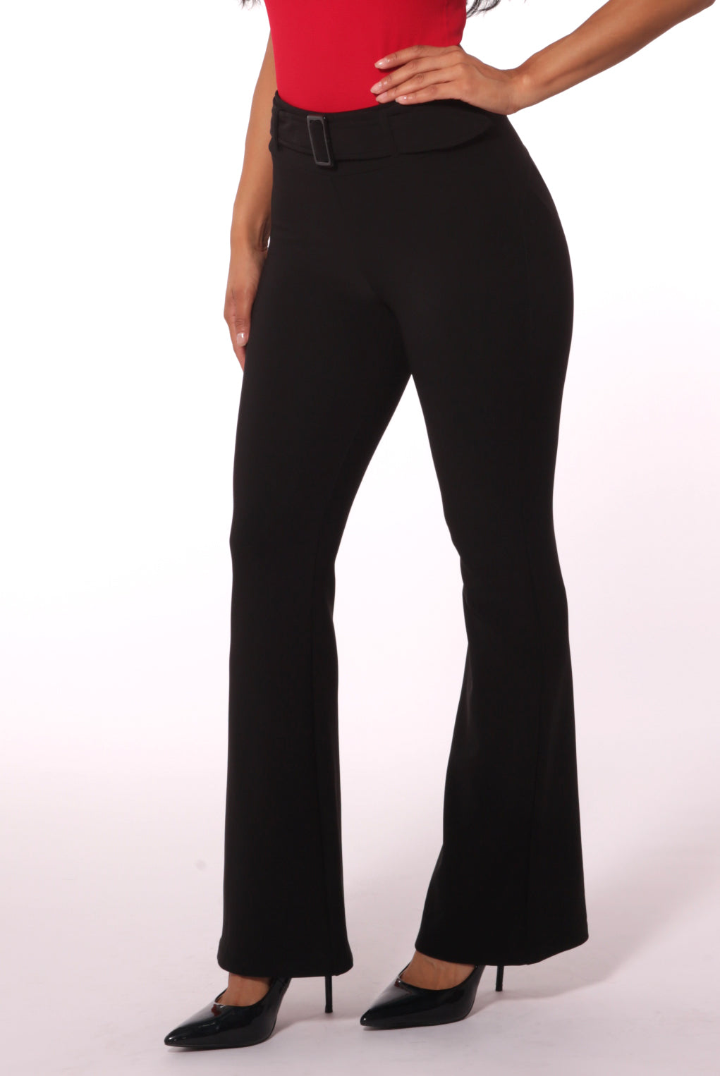 Wholesale Womens High Waist Scupting Flare Pants With Belt Buckle Detail - Black - S&G Apparel