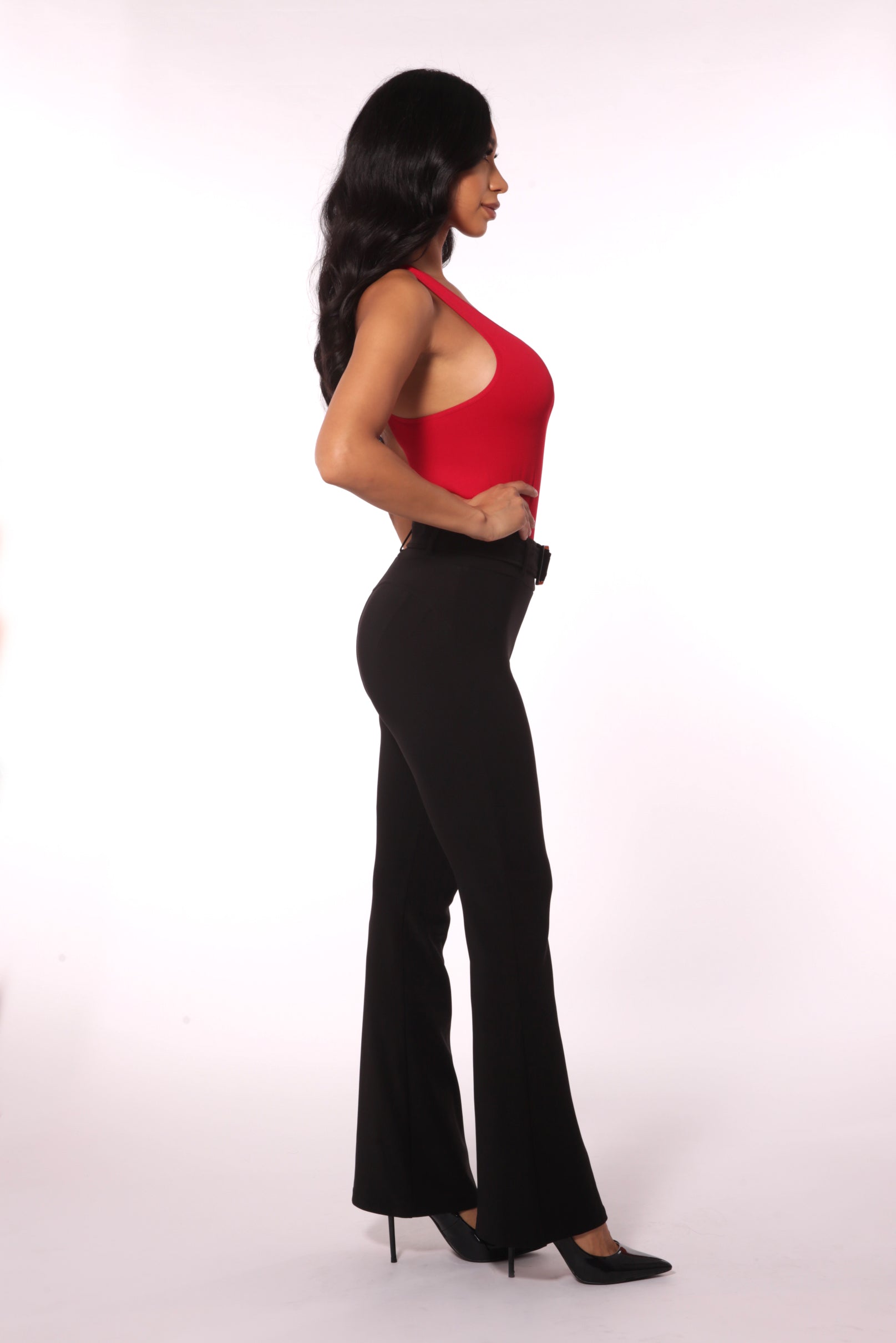 Wholesale Womens High Waist Scupting Flare Pants With Belt Buckle Detail - Black - S&G Apparel