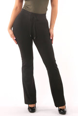 Wholesale Womens High Waist Soft Brushed Flare Pants With Drawstrings - Black - S&G Apparel