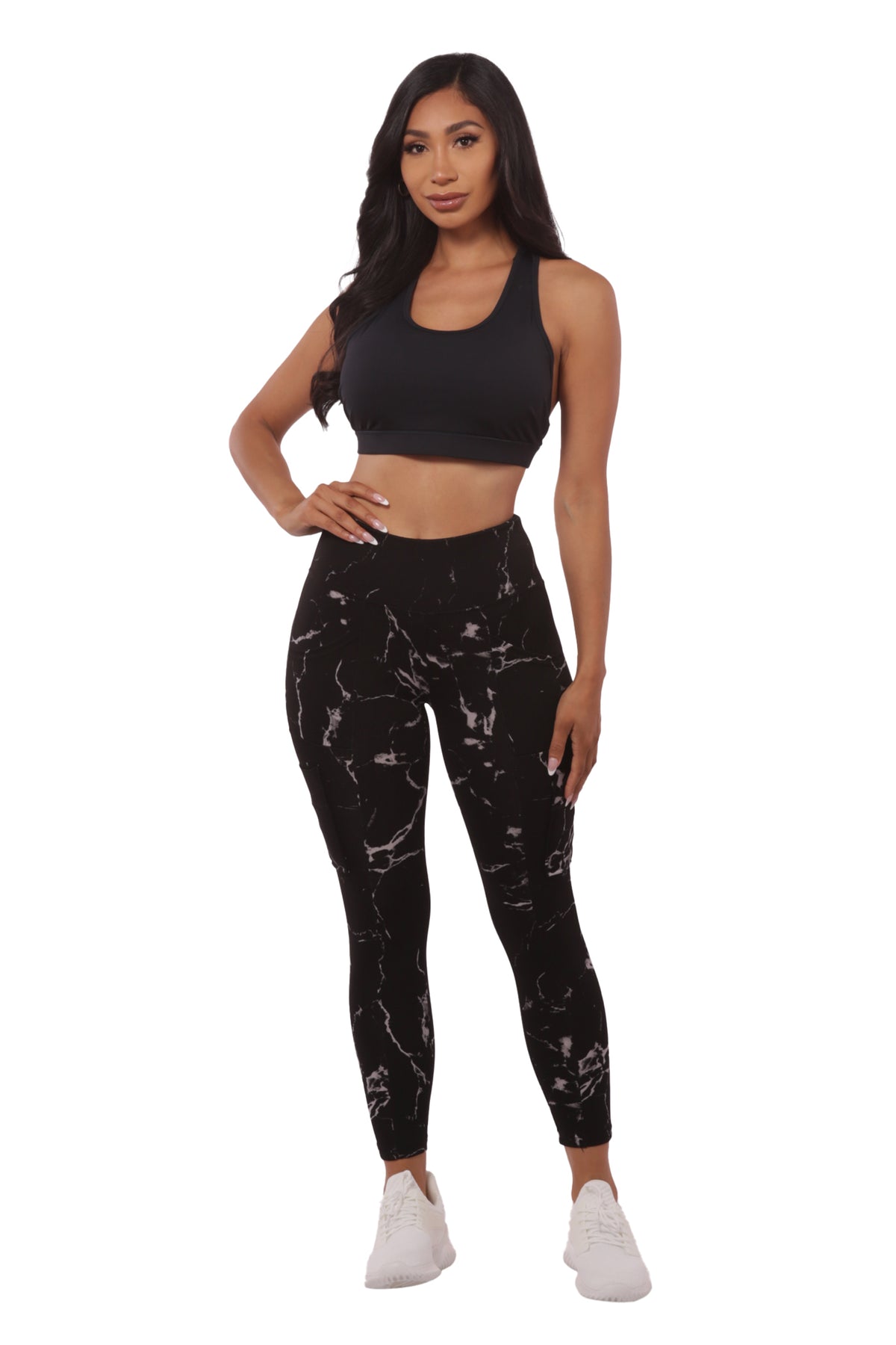 Wholesale Womens High Waist Sports Leggings With Cargo Pockets - Black & Gray Marble - S&G Apparel