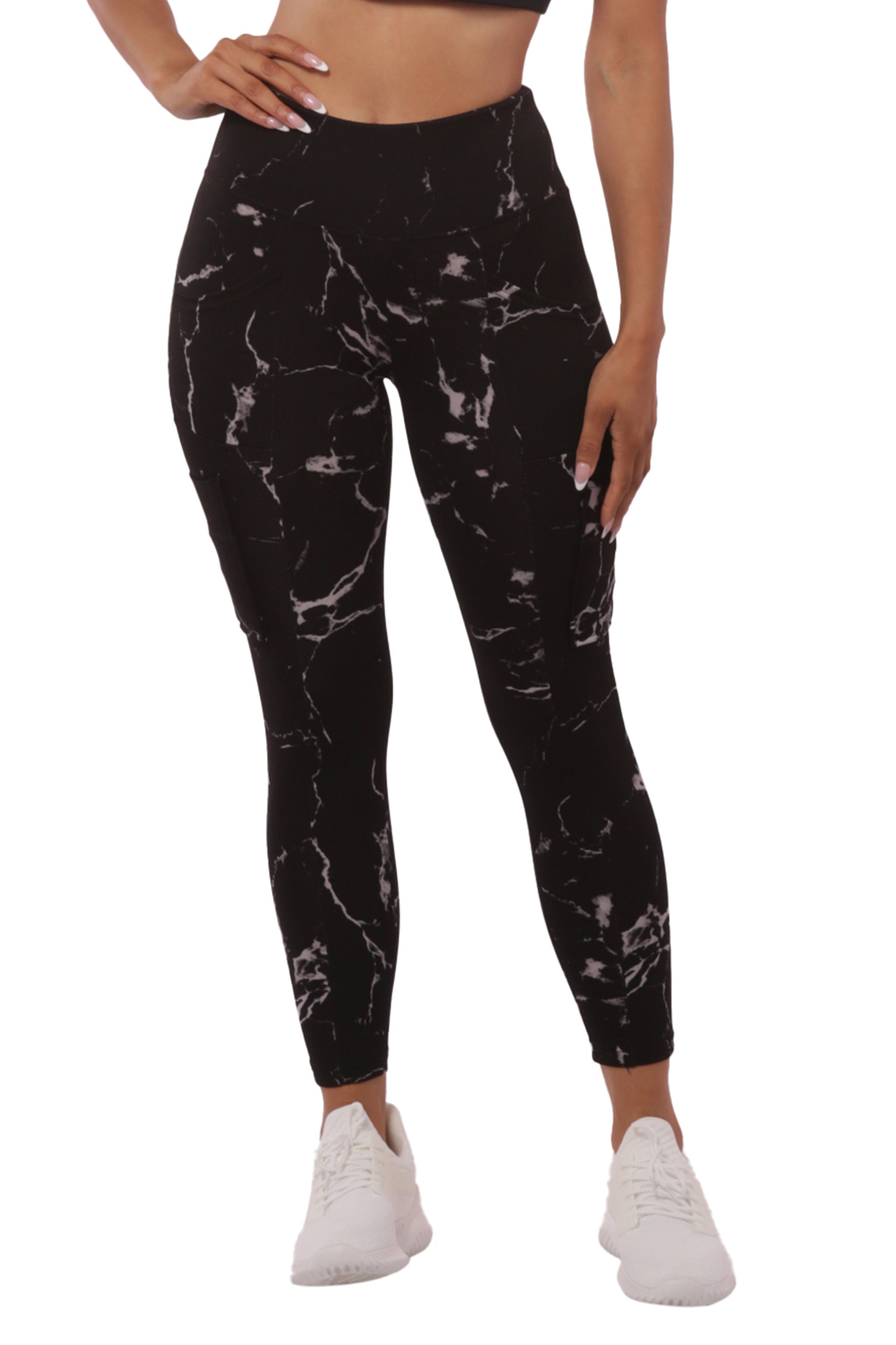 Wholesale Womens High Waist Sports Leggings With Cargo Pockets - Black & Gray Marble - S&G Apparel