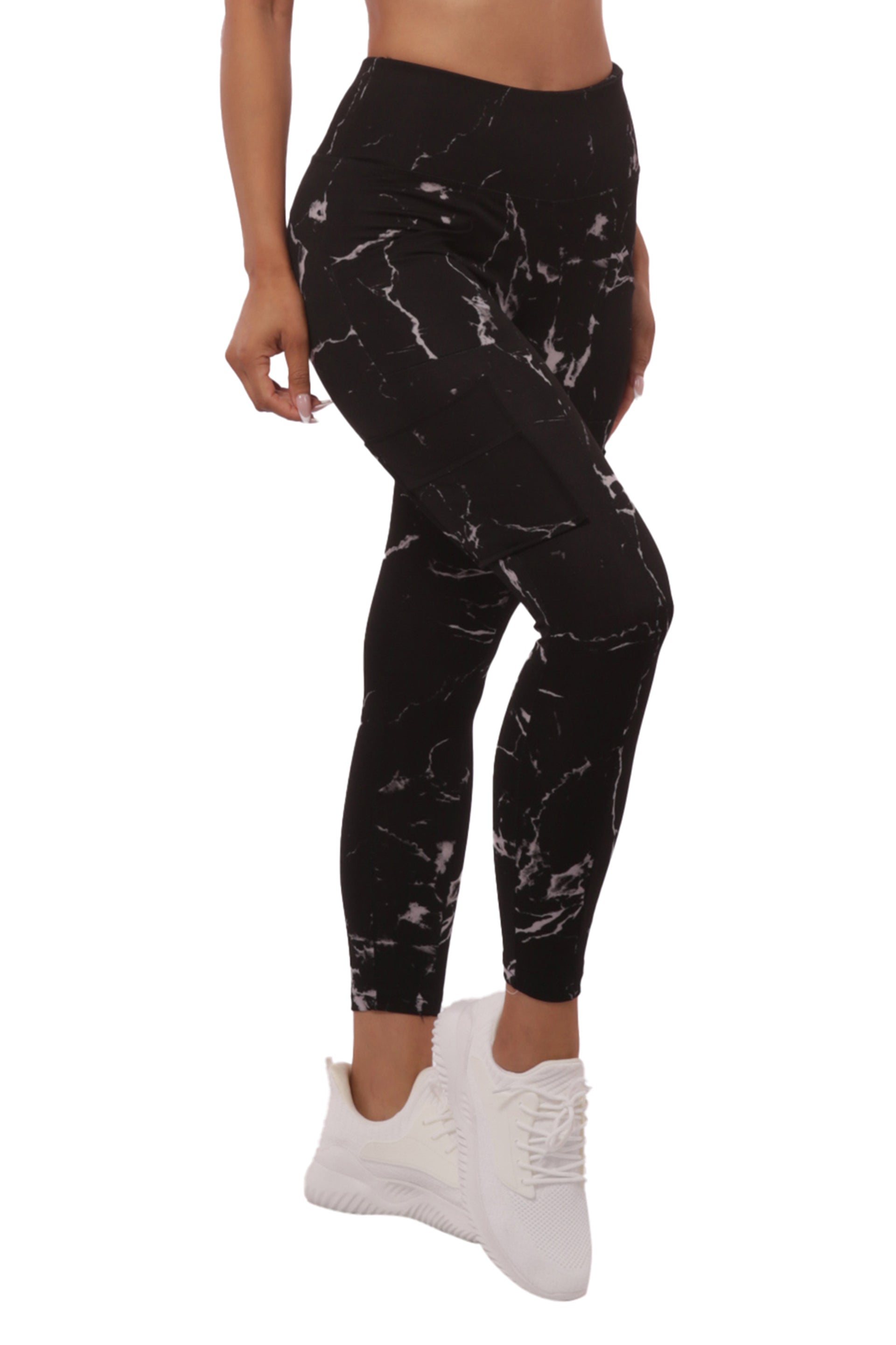 Wholesale Womens High Waist Sports Leggings With Cargo Pockets - Black & Gray Marble - S&G Apparel