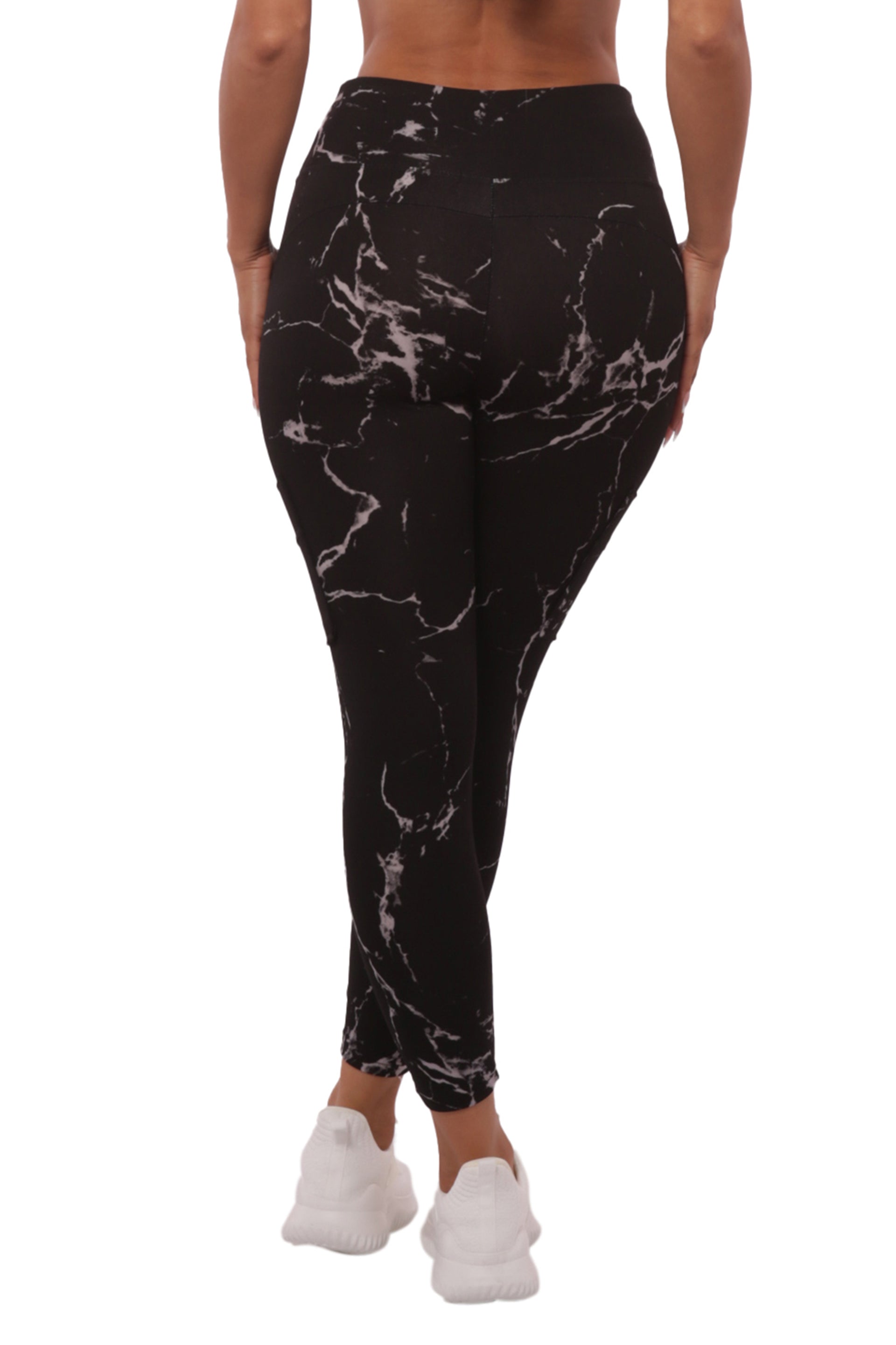 Wholesale Womens High Waist Sports Leggings With Cargo Pockets - Black & Gray Marble - S&G Apparel