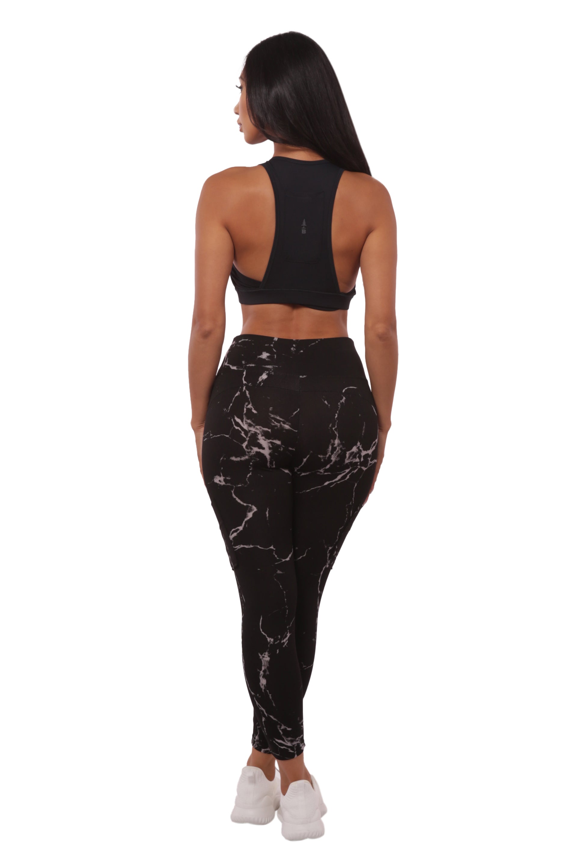 Wholesale Womens High Waist Sports Leggings With Cargo Pockets - Black & Gray Marble - S&G Apparel