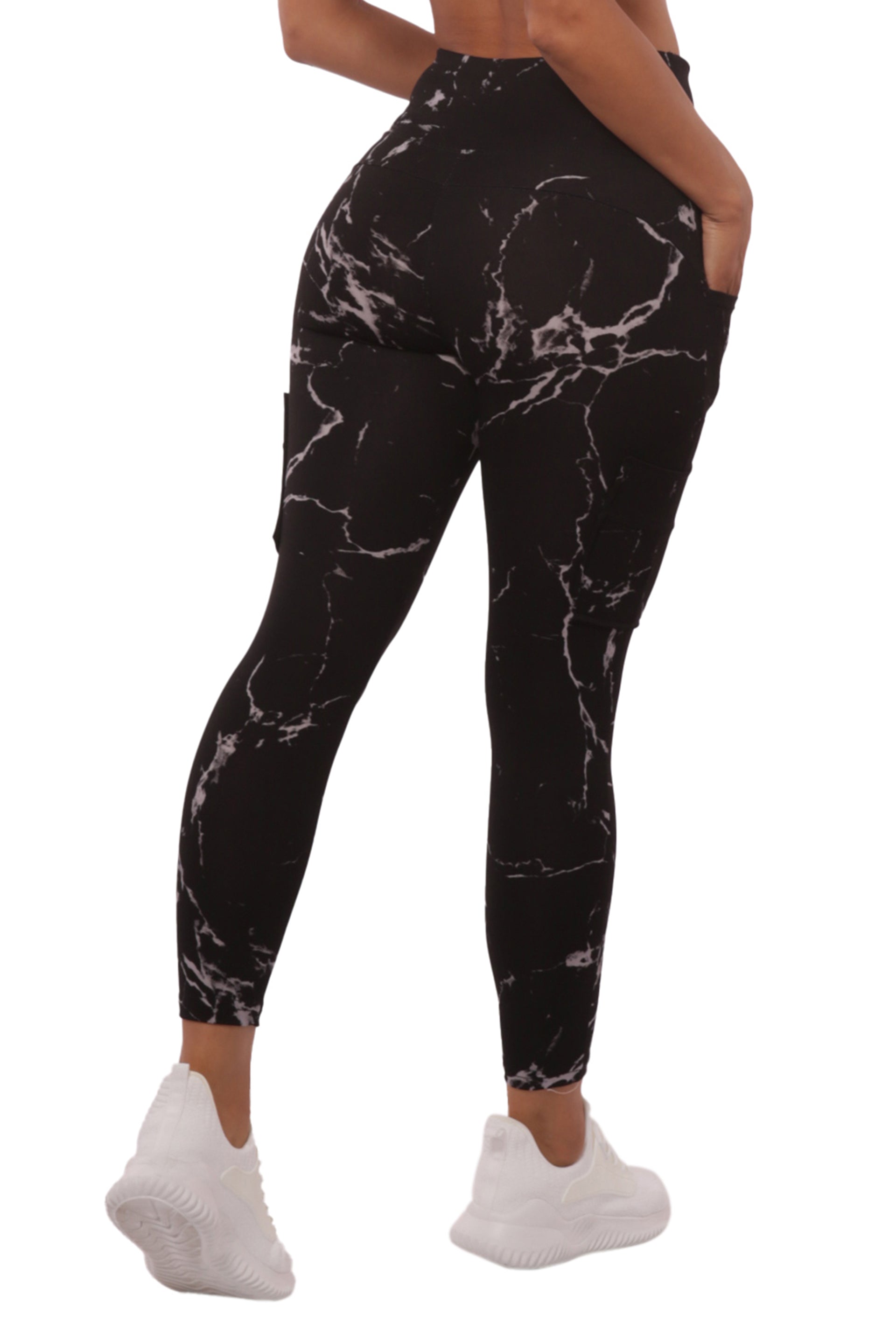 Wholesale Womens High Waist Sports Leggings With Cargo Pockets - Black & Gray Marble - S&G Apparel