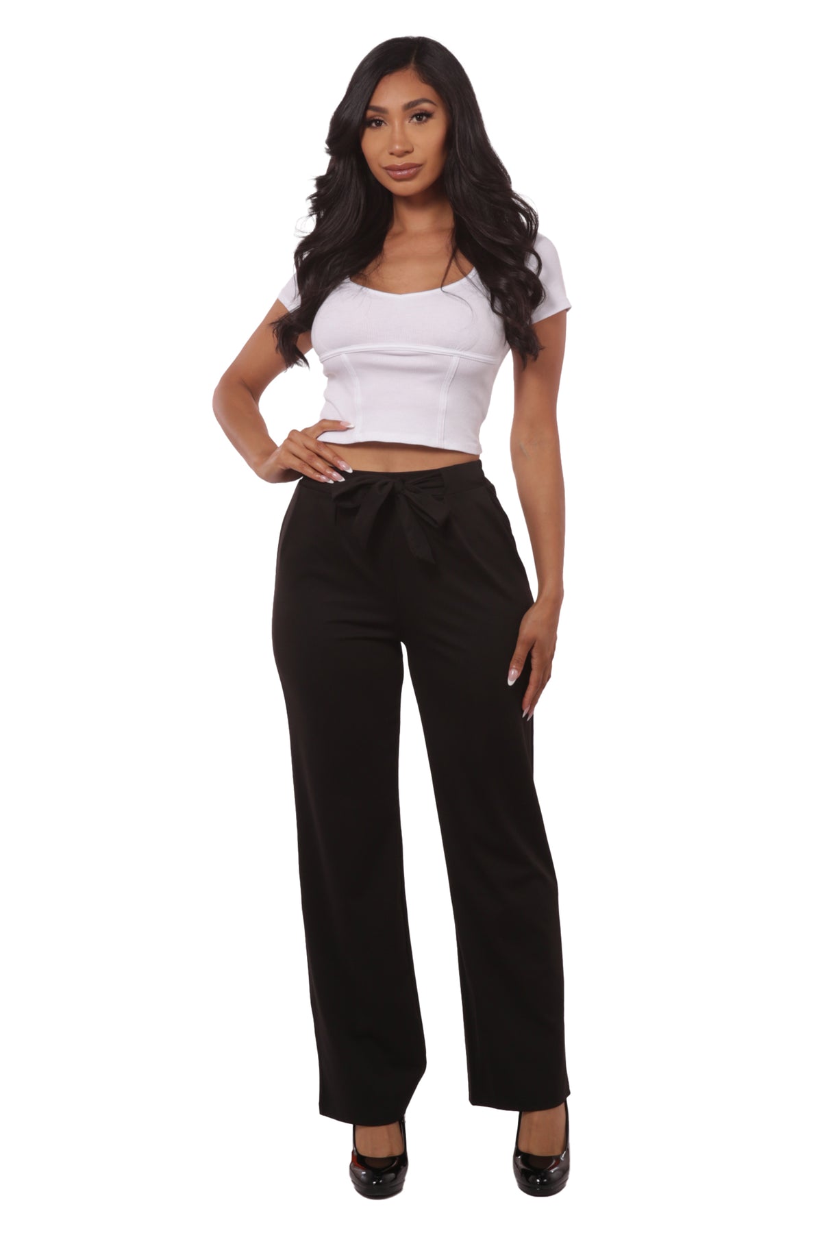 Wholesale Womens High Waist Straight Leg Pants With Waist Tie - Black - S&G Apparel