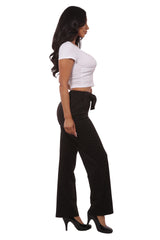 Wholesale Womens High Waist Straight Leg Pants With Waist Tie - Black - S&G Apparel