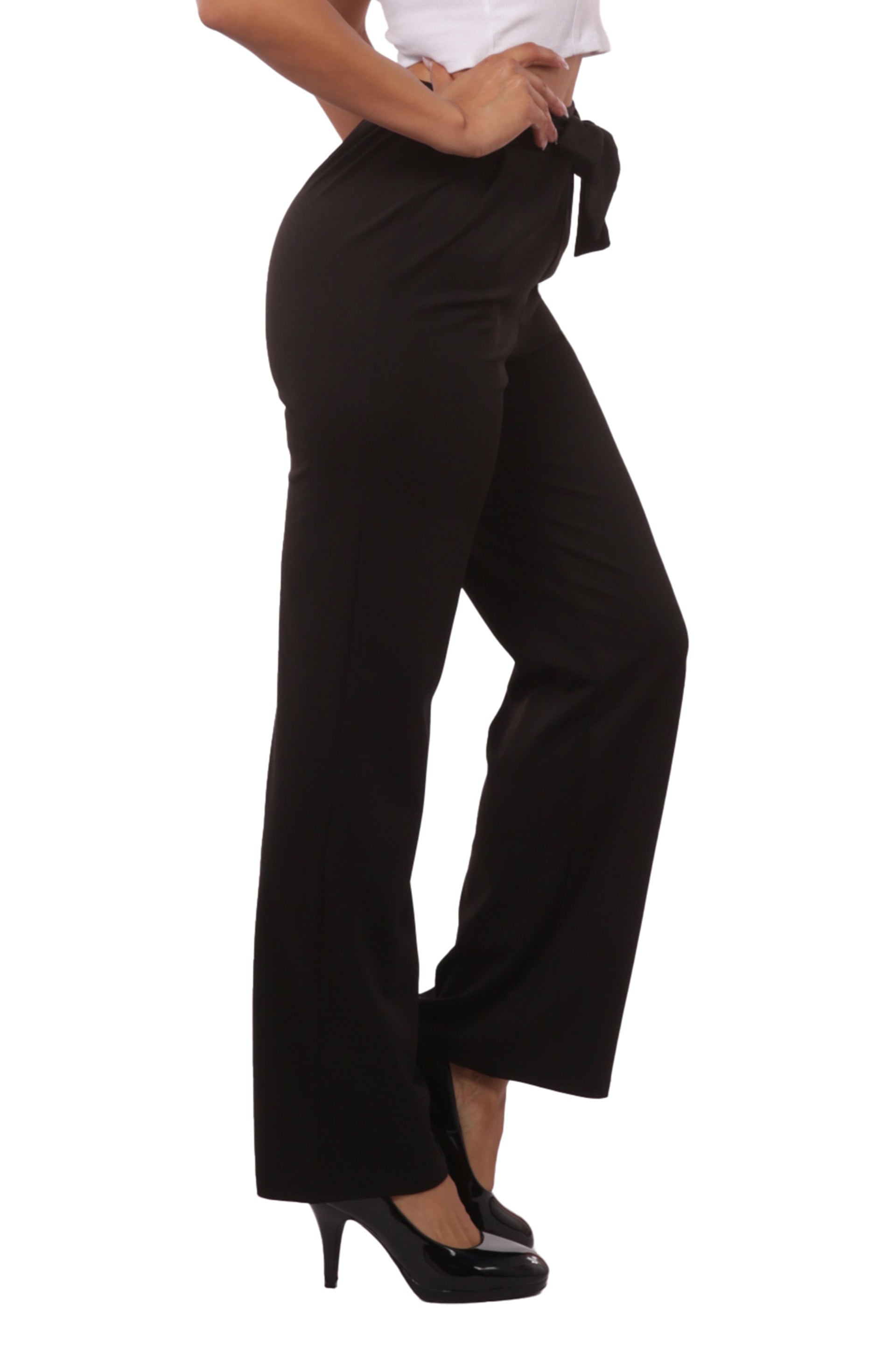 Wholesale Womens High Waist Straight Leg Pants With Waist Tie - Black - S&G Apparel