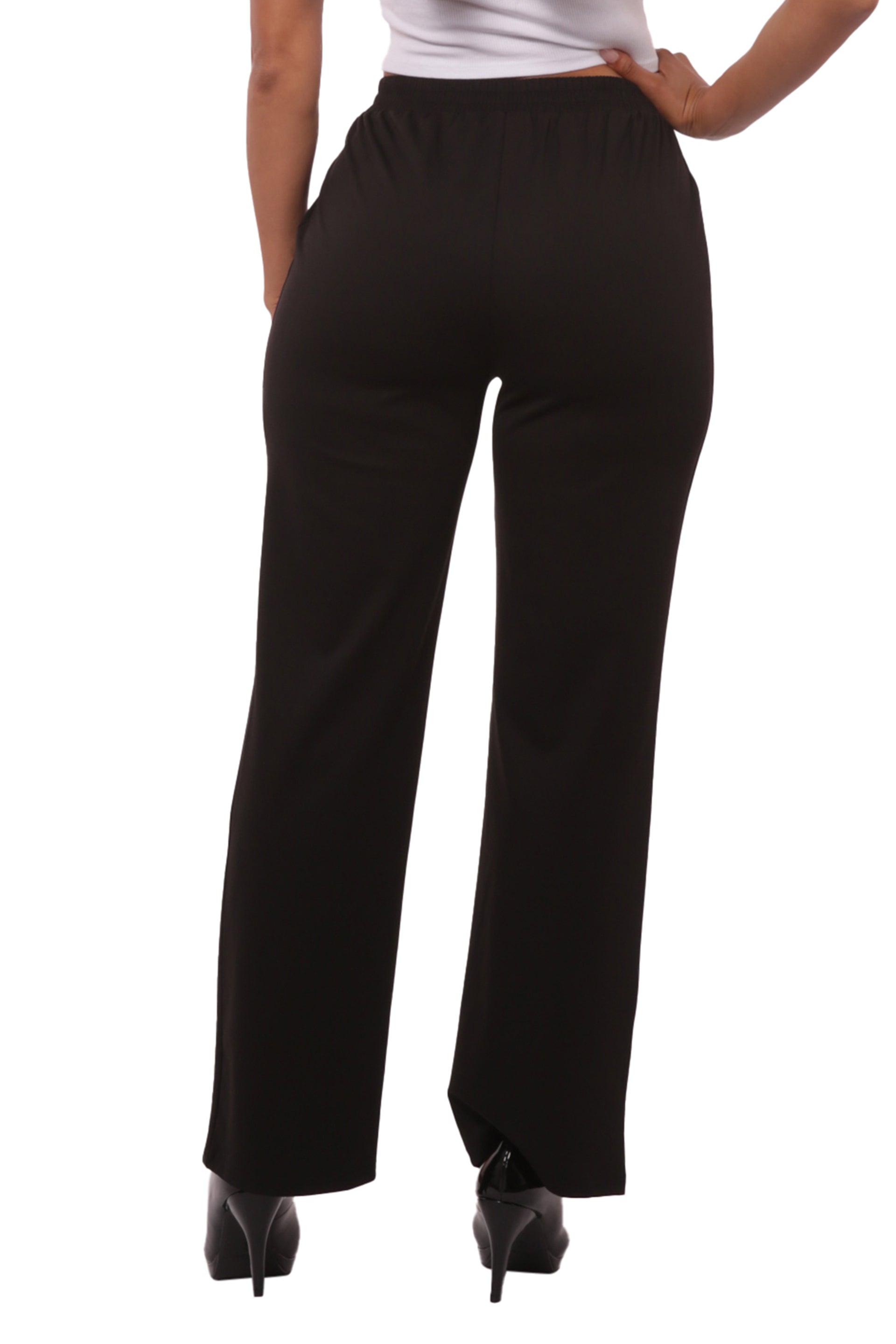 Wholesale Womens High Waist Straight Leg Pants With Waist Tie - Black - S&G Apparel