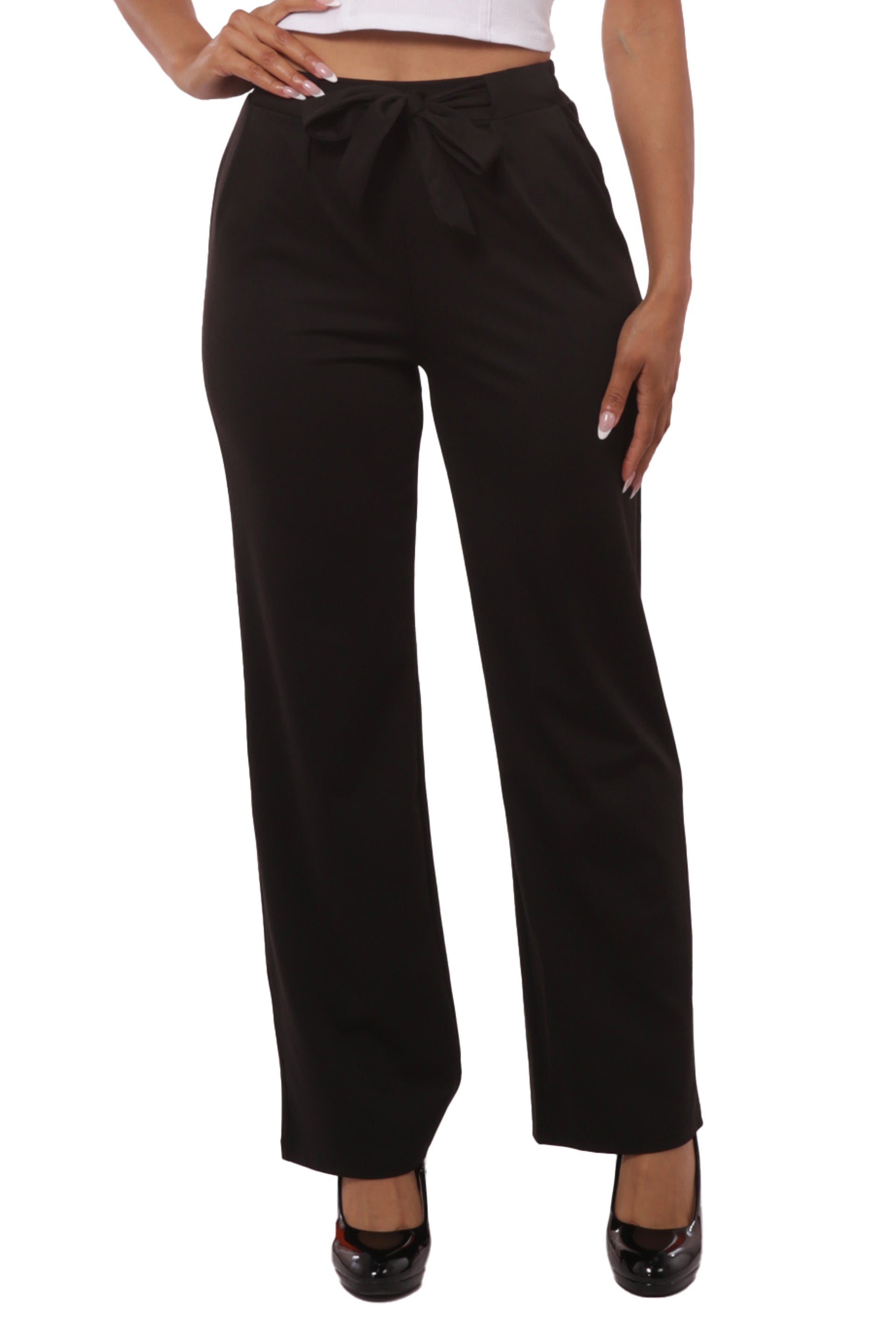 Wholesale Womens High Waist Straight Leg Pants With Waist Tie - Black - S&G Apparel