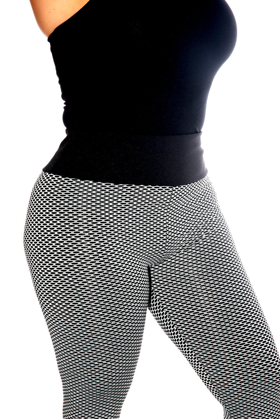 Wholesale Womens High Waist Two Tone Textured Honeycomb Butt Scrunch Yoga Leggings - Black, White - S&G Apparel