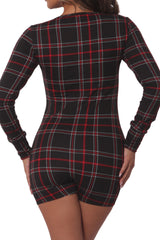Wholesale Womens Holiday Print Fleece Lined Romper Onesie - Black, Red, White Plaid - S&G Apparel
