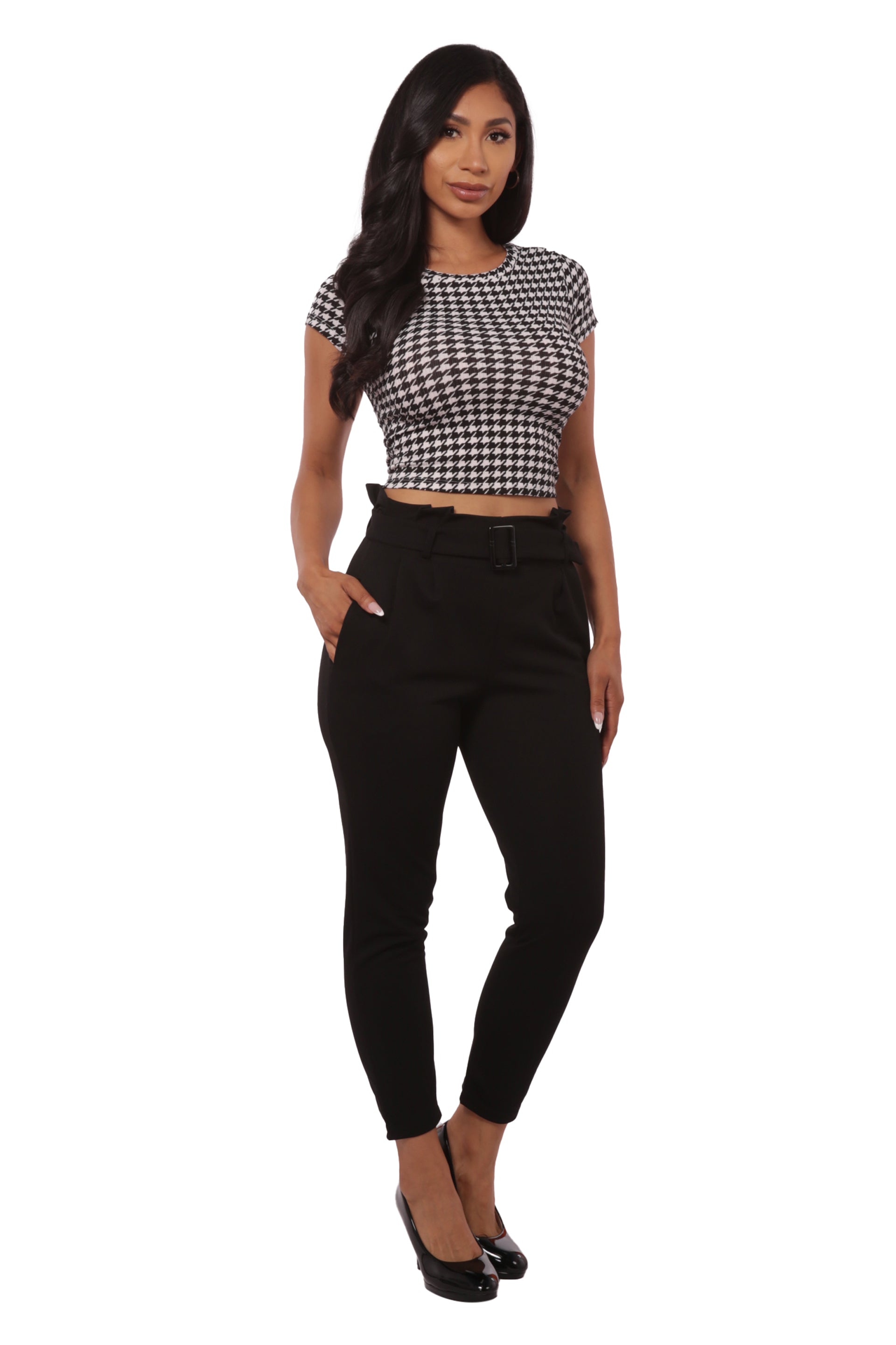 Wholesale Womens Paperbag Waist Knit Crepe Crop Pants With Buckle Belt - Black - S&G Apparel