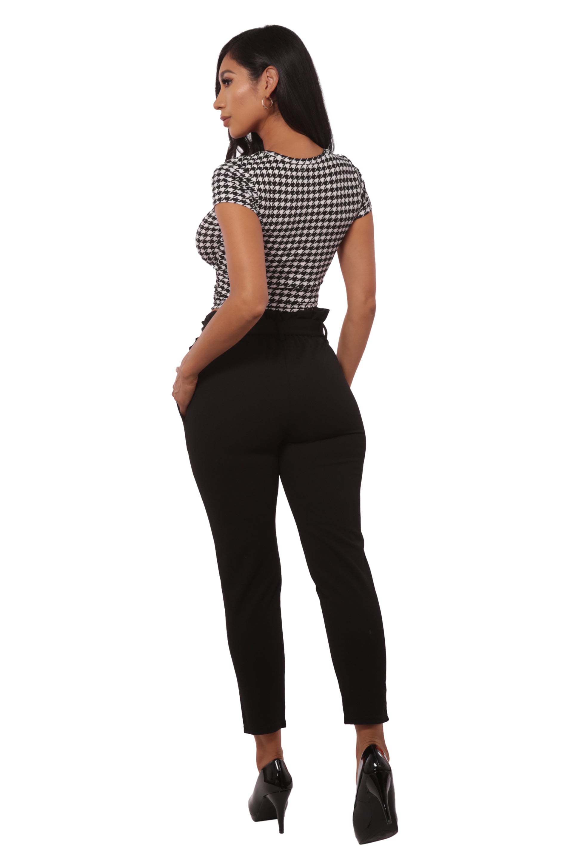 Wholesale Womens Paperbag Waist Knit Crepe Crop Pants With Buckle Belt - Black - S&G Apparel