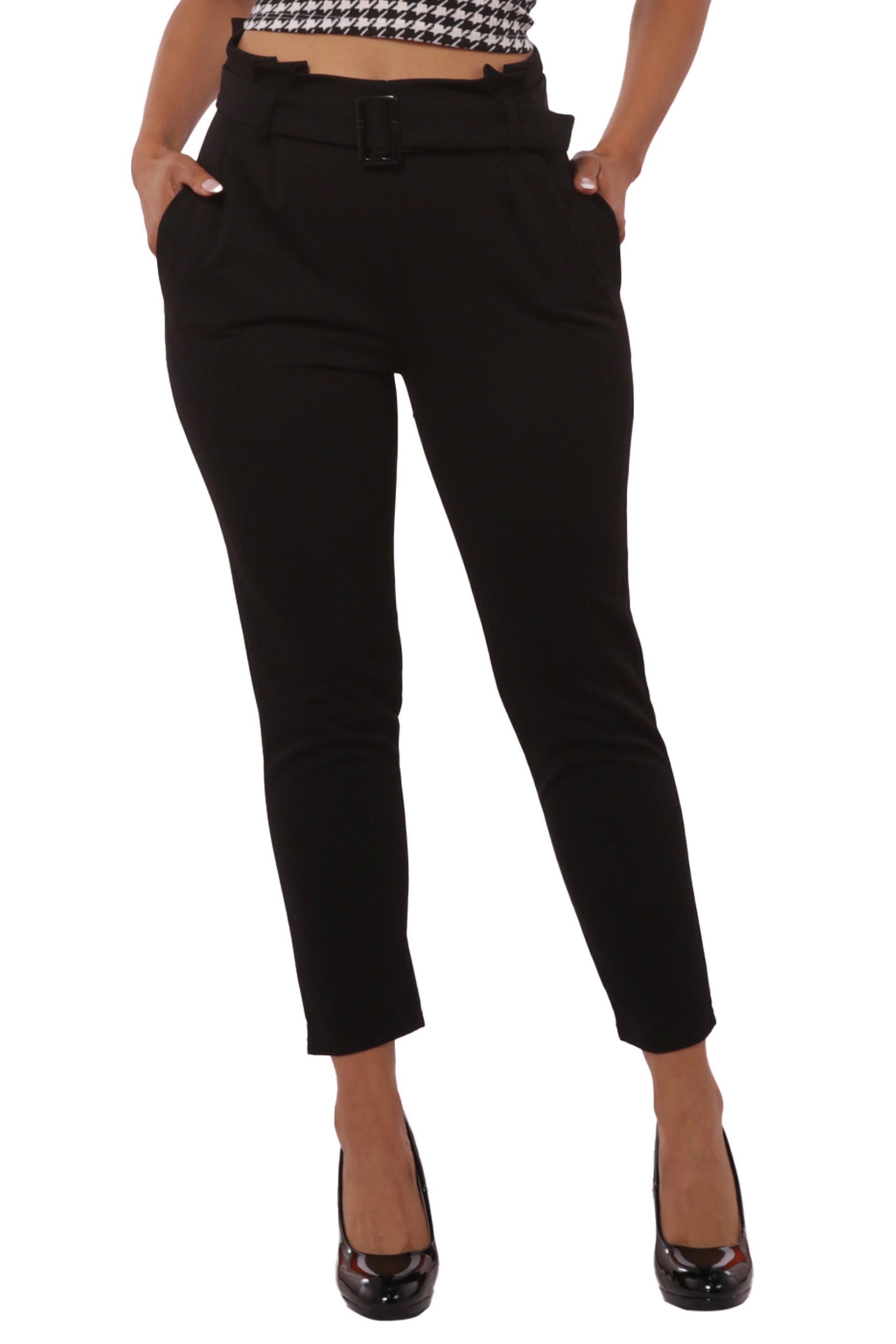 Wholesale Womens Paperbag Waist Knit Crepe Crop Pants With Buckle Belt - Black - S&G Apparel