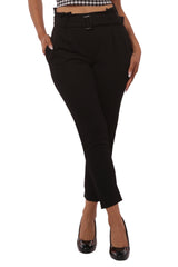 Wholesale Womens Paperbag Waist Knit Crepe Crop Pants With Buckle Belt - Black - S&G Apparel