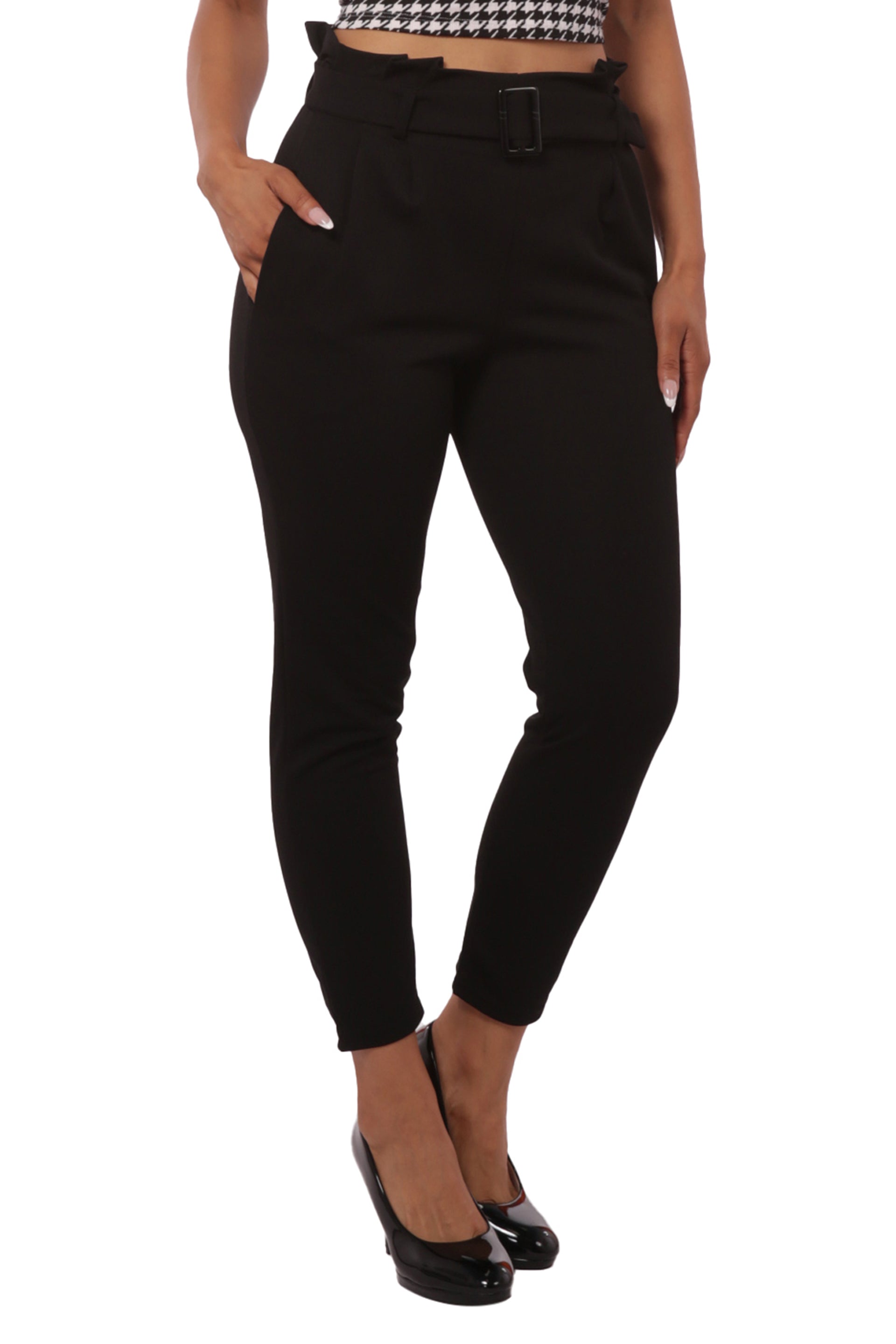 Wholesale Womens Paperbag Waist Knit Crepe Crop Pants With Buckle Belt - Black - S&G Apparel