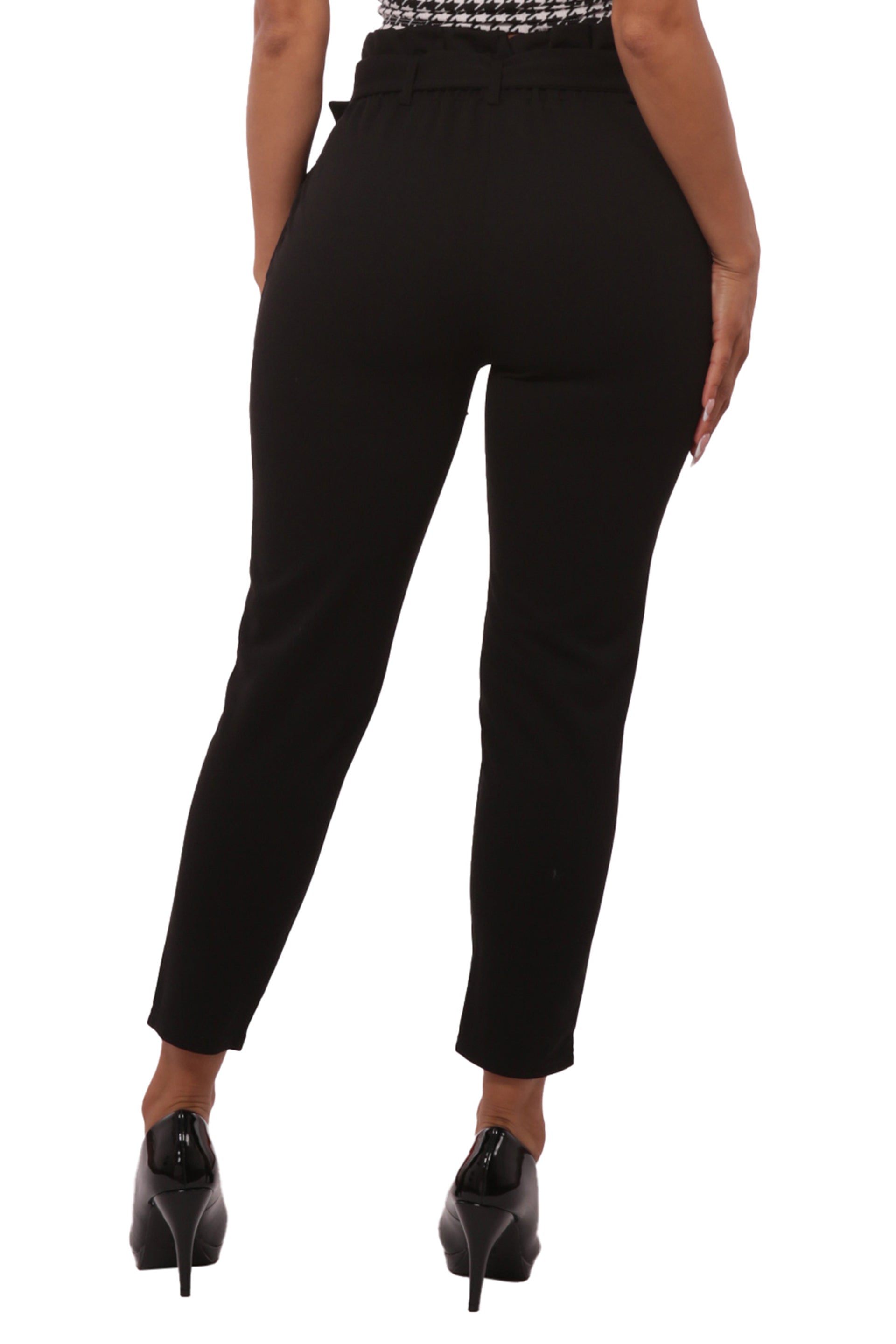 Wholesale Womens Paperbag Waist Knit Crepe Crop Pants With Buckle Belt - Black - S&G Apparel