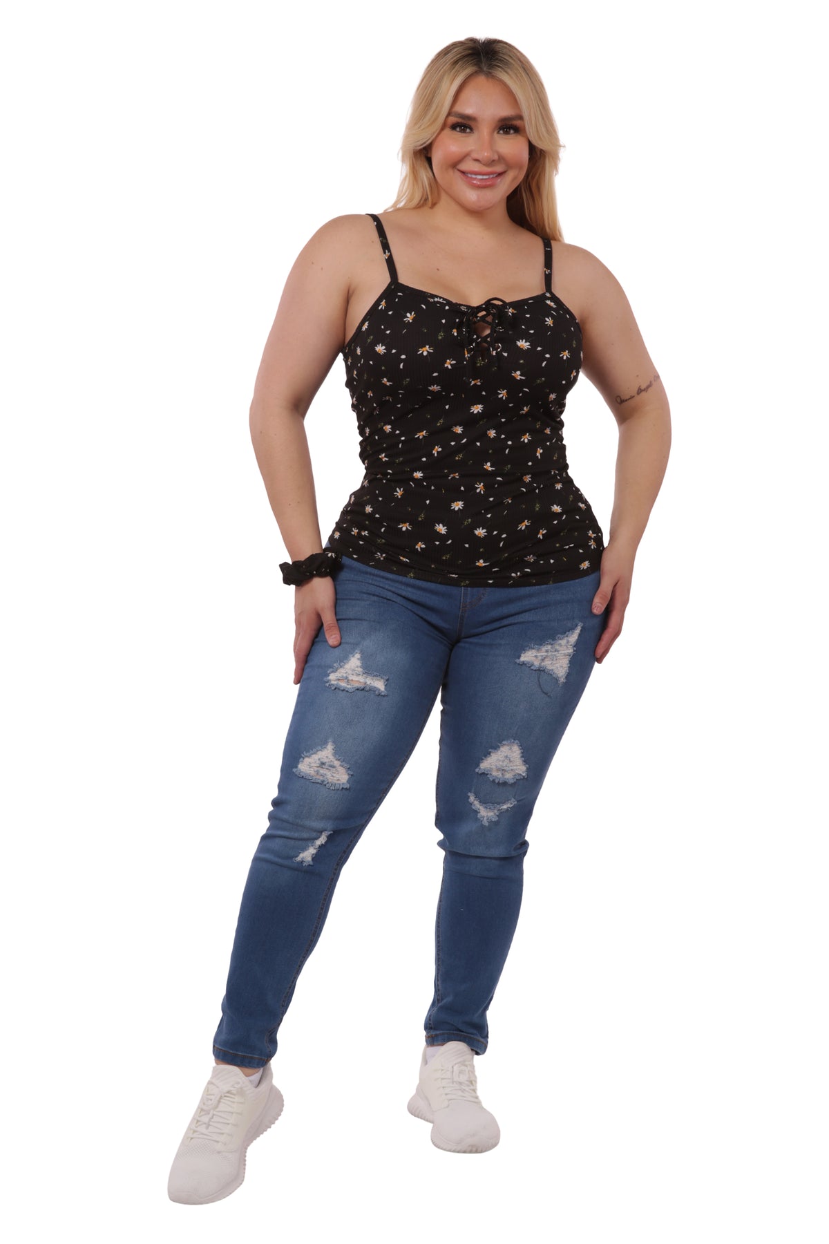 Wholesale Womens Plus Size Lace-Up Tank Ribbed Tops - Black Floral - S&G Apparel