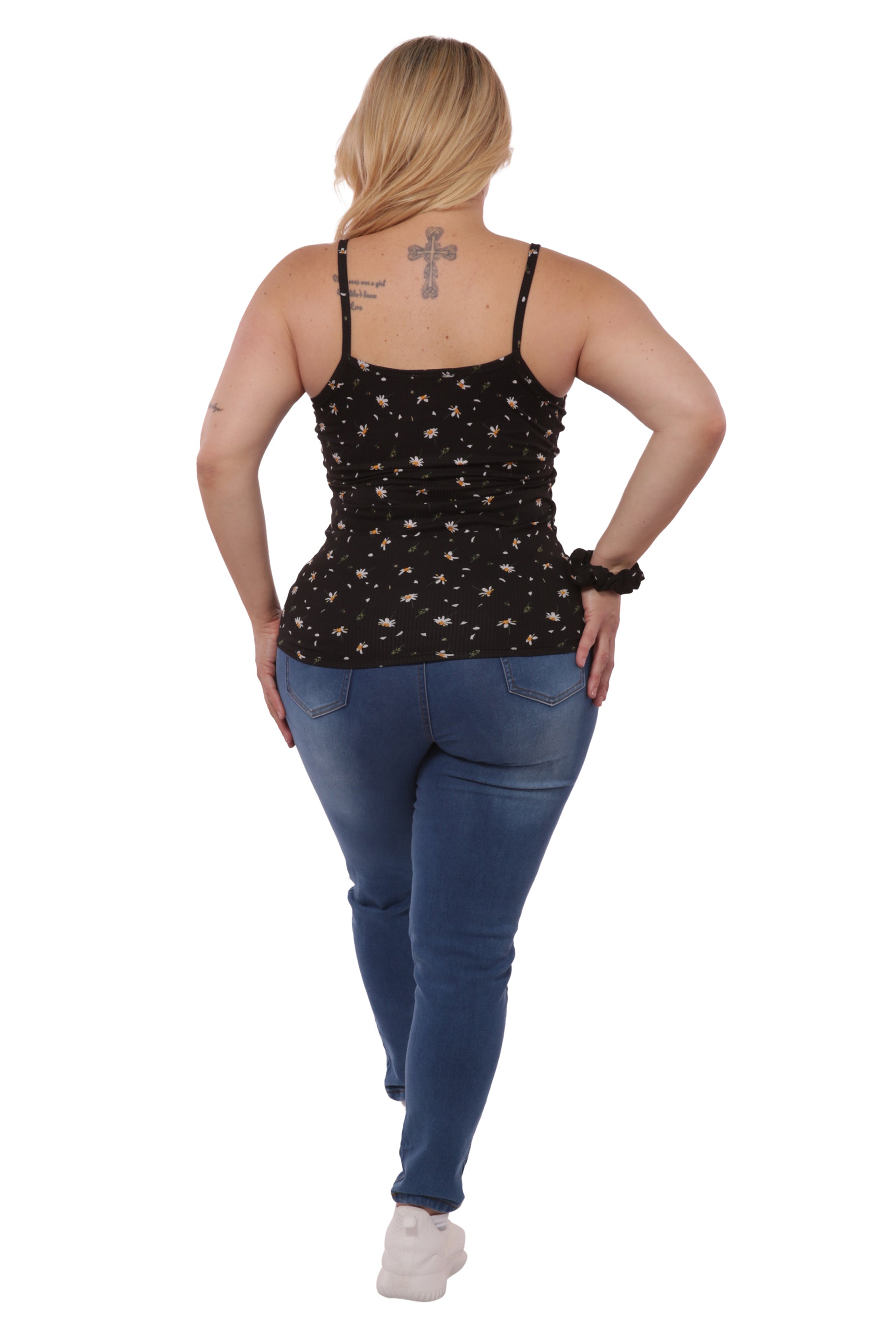 Wholesale Womens Plus Size Lace-Up Tank Ribbed Tops - Black Floral - S&G Apparel