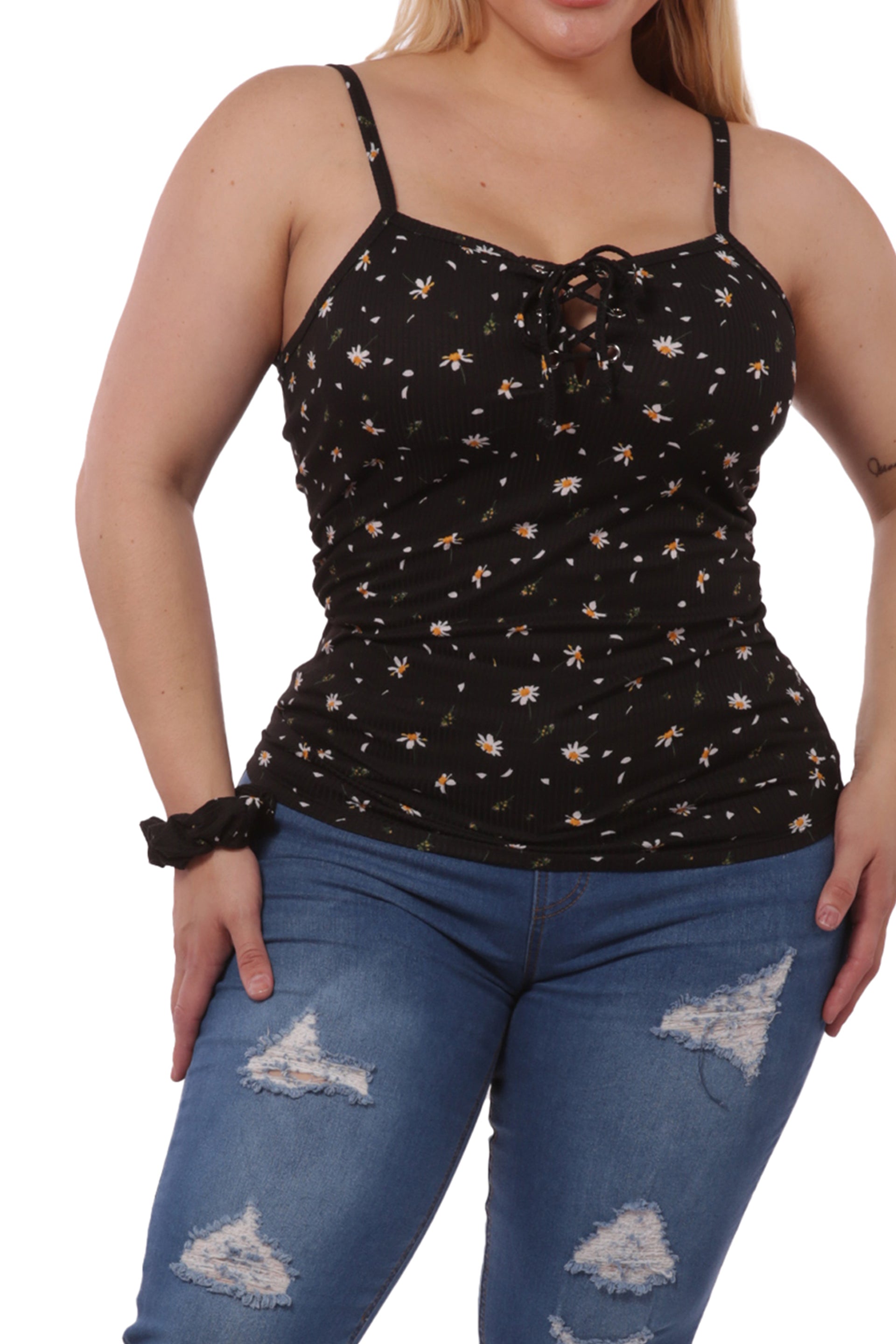 Wholesale Womens Plus Size Lace-Up Tank Ribbed Tops - Black Floral - S&G Apparel