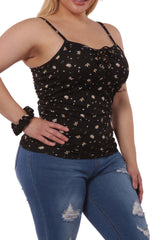 Wholesale Womens Plus Size Lace-Up Tank Ribbed Tops - Black Floral - S&G Apparel