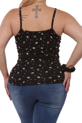 Wholesale Womens Plus Size Lace-Up Tank Ribbed Tops - Black Floral - S&G Apparel