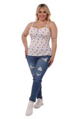 Wholesale Womens Plus Size Lace-Up Tank Ribbed Tops - Yellow & White Floral - S&G Apparel