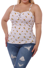 Wholesale Womens Plus Size Lace-Up Tank Ribbed Tops - Yellow & White Floral - S&G Apparel