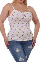 Wholesale Womens Plus Size Lace-Up Tank Ribbed Tops - Yellow & White Floral - S&G Apparel