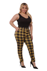 Wholesale Womens Plus Size Shirred Waist & Cuff Joggers With Pockets - Mustard & Black Plaid - S&G Apparel