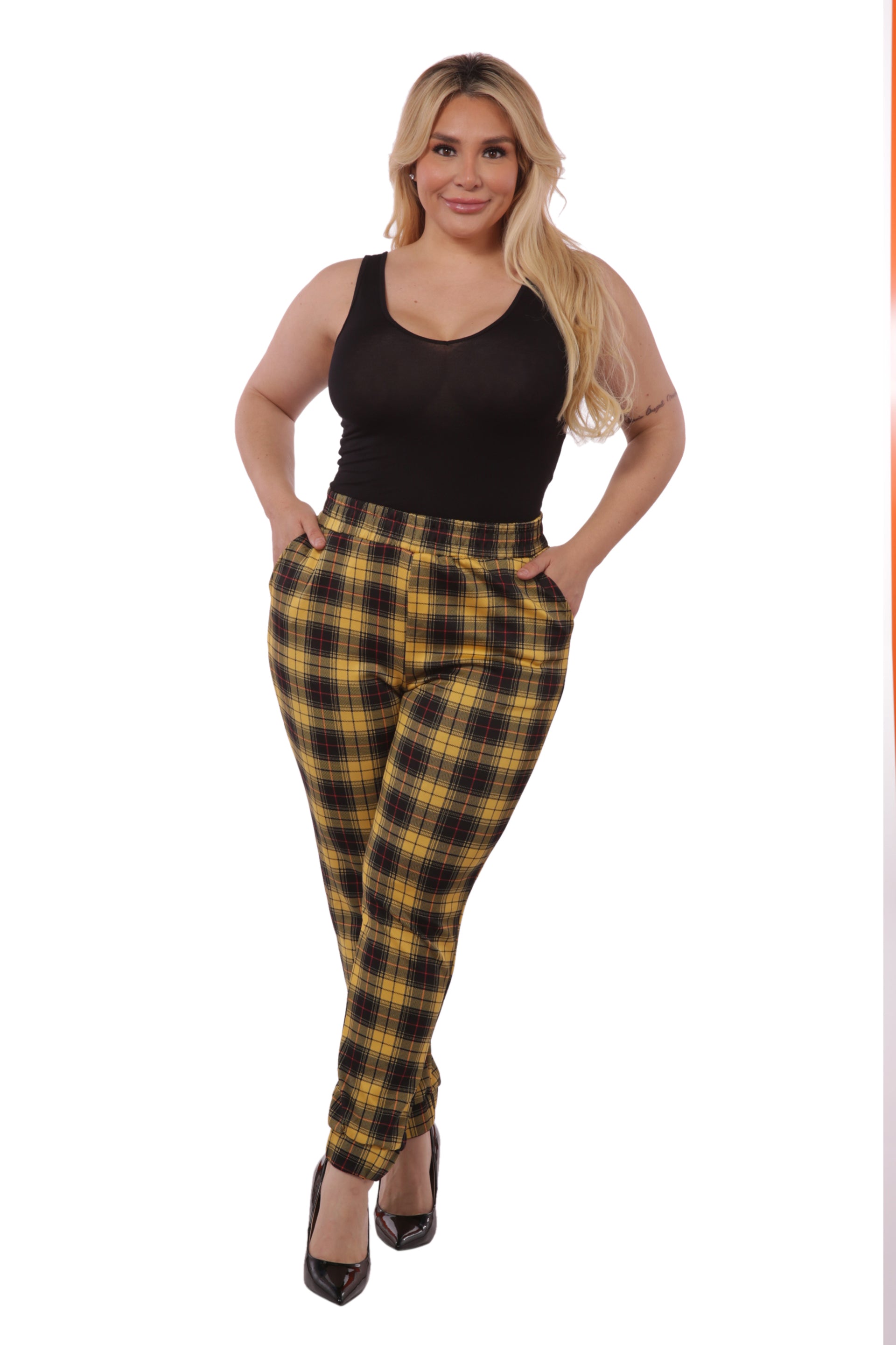 Wholesale Womens Plus Size Shirred Waist & Cuff Joggers With Pockets - Mustard & Black Plaid - S&G Apparel