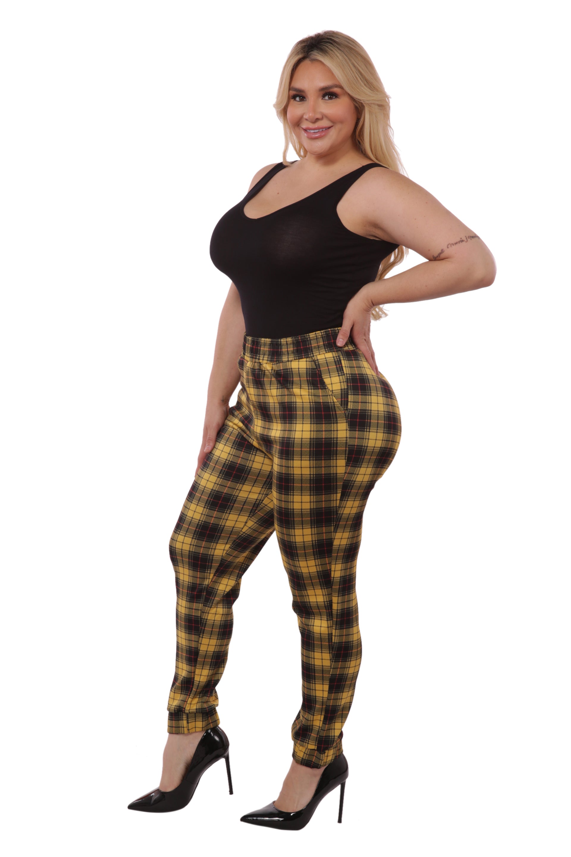 Wholesale Womens Plus Size Shirred Waist & Cuff Joggers With Pockets - Mustard & Black Plaid - S&G Apparel