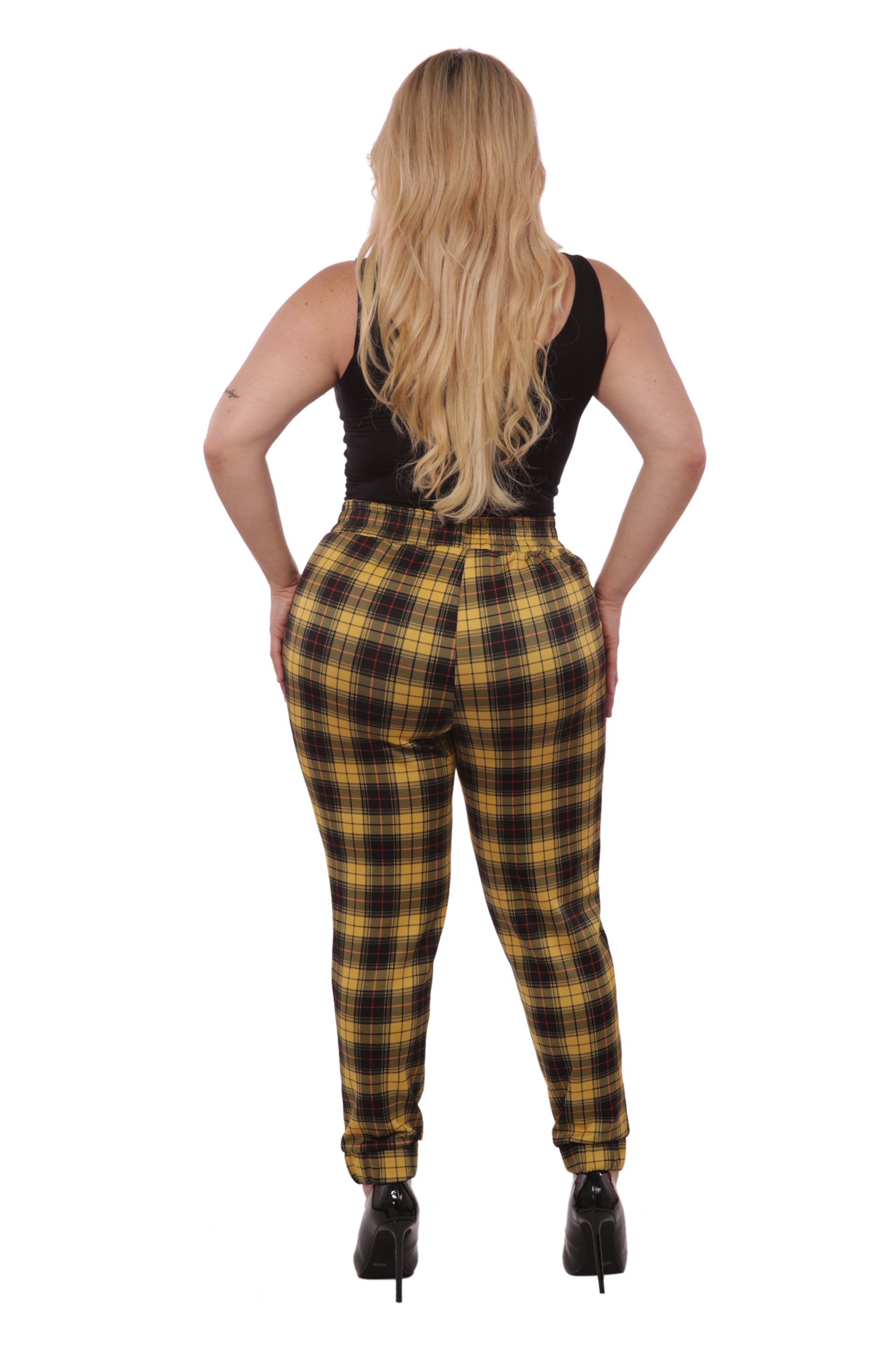 Wholesale Womens Plus Size Shirred Waist & Cuff Joggers With Pockets - Mustard & Black Plaid - S&G Apparel