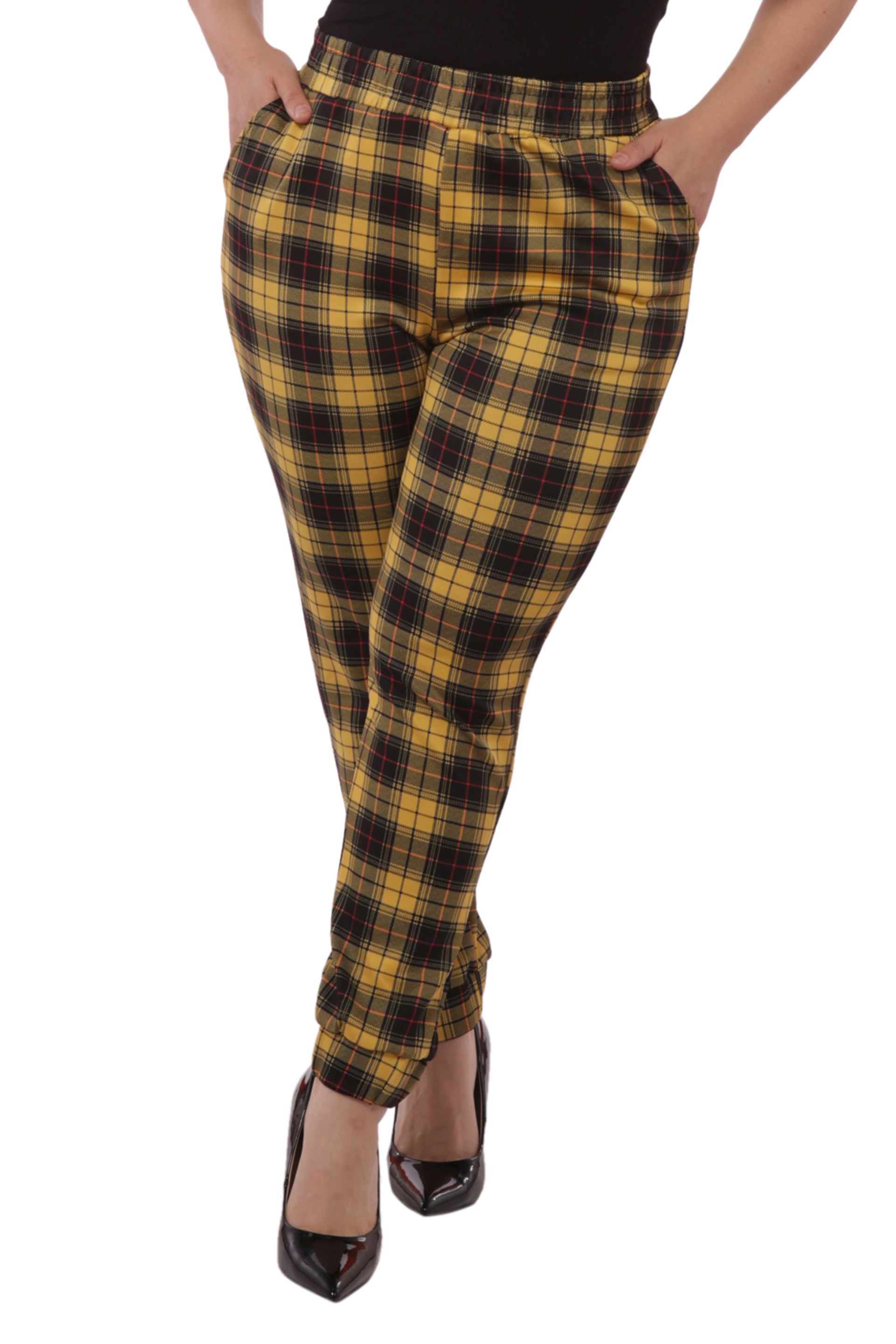 Wholesale Womens Plus Size Shirred Waist & Cuff Joggers With Pockets - Mustard & Black Plaid - S&G Apparel