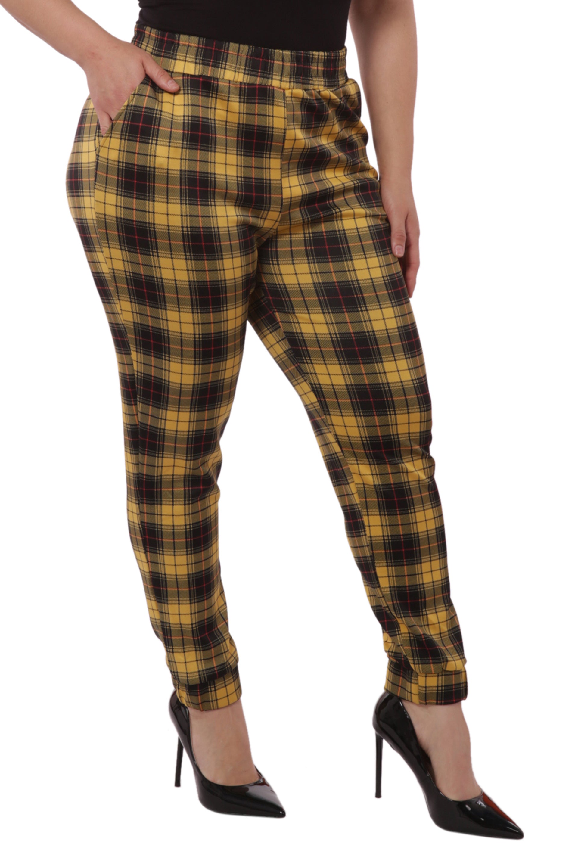 Wholesale Womens Plus Size Shirred Waist & Cuff Joggers With Pockets - Mustard & Black Plaid - S&G Apparel