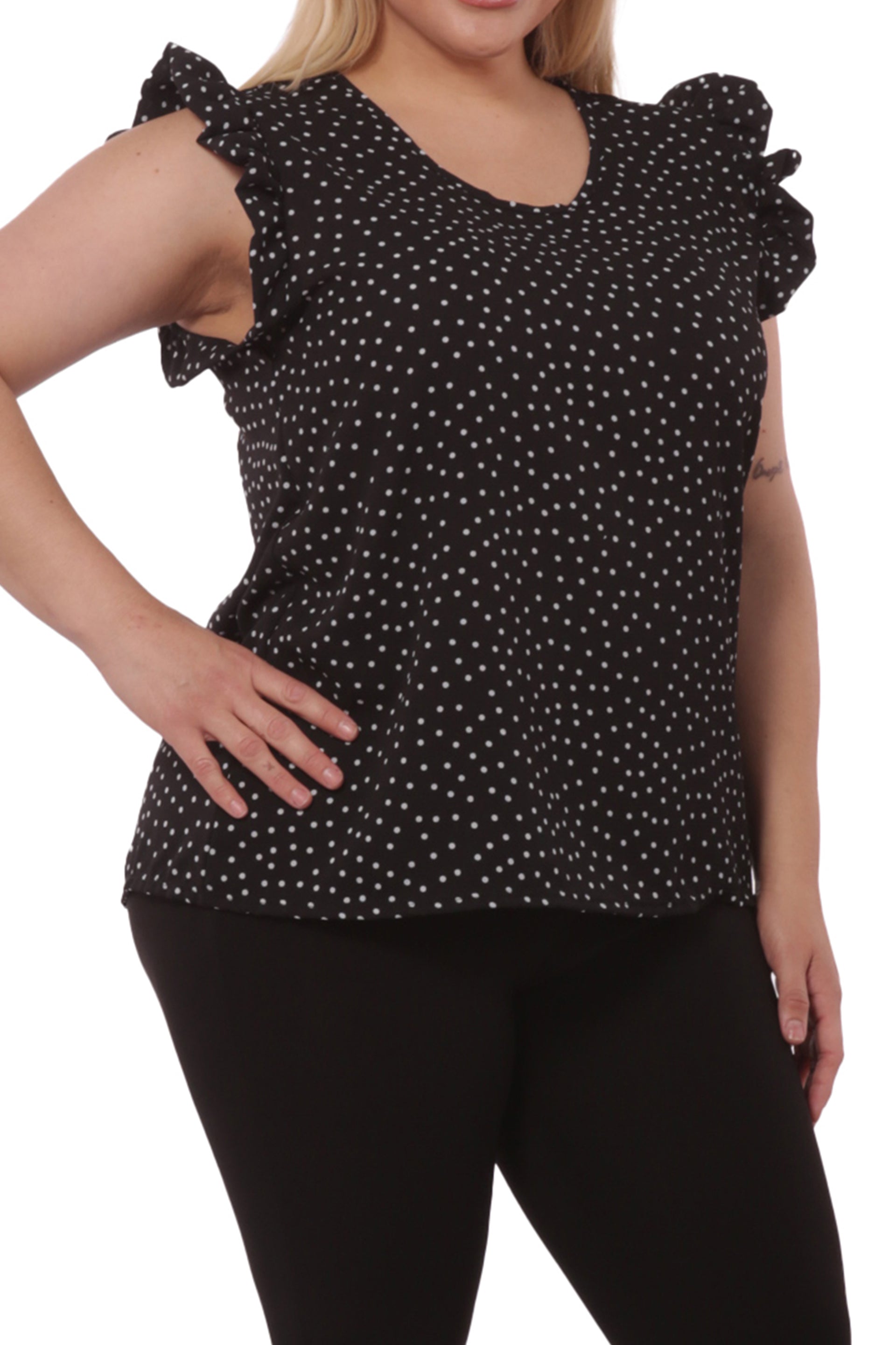 Wholesale Womens Plus Size Tops With Ruffle Armhole Detail - Black - S&G Apparel