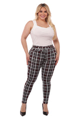 Wholesale Womens Plus Size Treggings With Self Belt - Red & Black Plaid - S&G Apparel