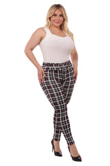 Wholesale Womens Plus Size Treggings With Self Belt - Red & Black Plaid - S&G Apparel