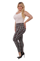 Wholesale Womens Plus Size Treggings With Self Belt - Red & Black Plaid - S&G Apparel